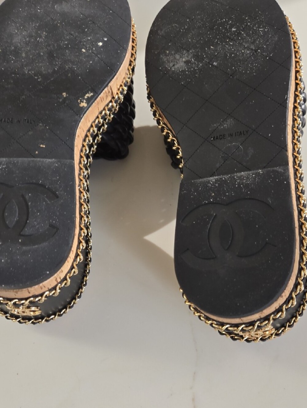 CHANEL Black Braided Leather Slide Mules with Gold Chain Trim - Picture 8 of 9